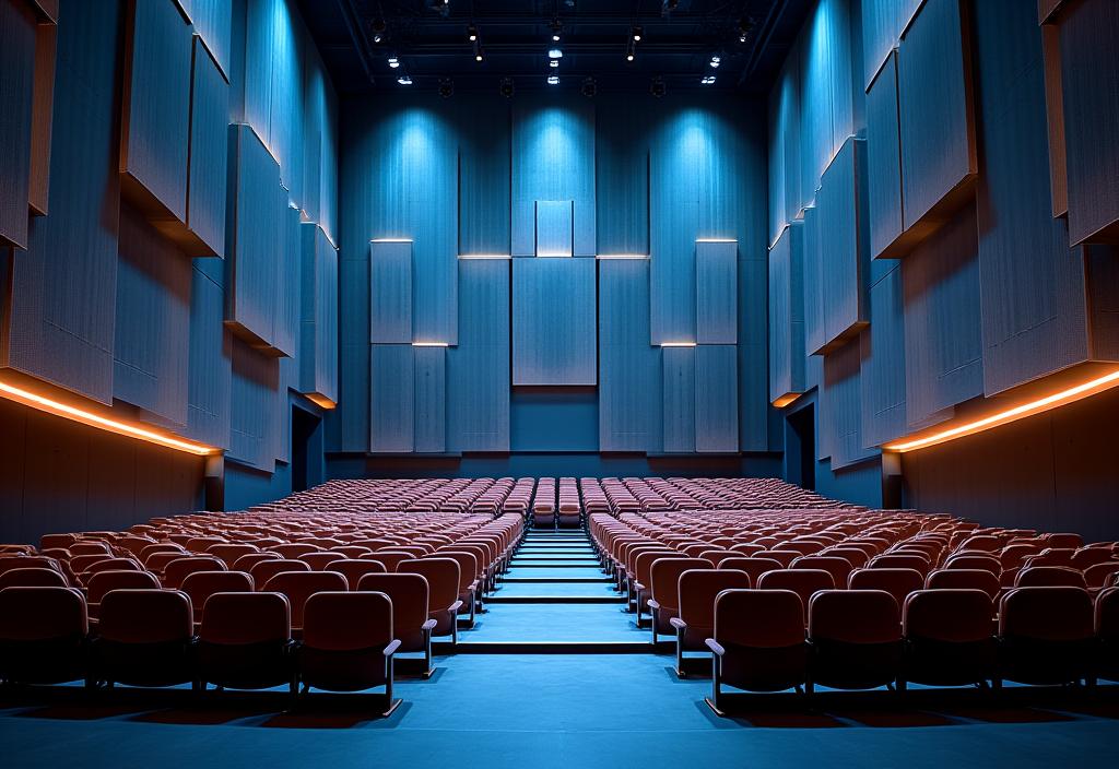 Abstrakt bilde av et moderne konserthus interiør med fokus på akustiske paneler og belysning.