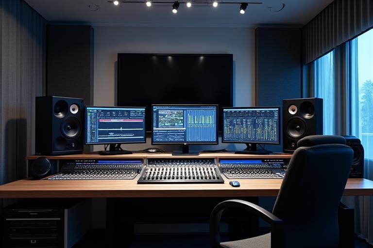 Et moderne og minimalistisk lydstudio kontrollrom med high-end utstyr.